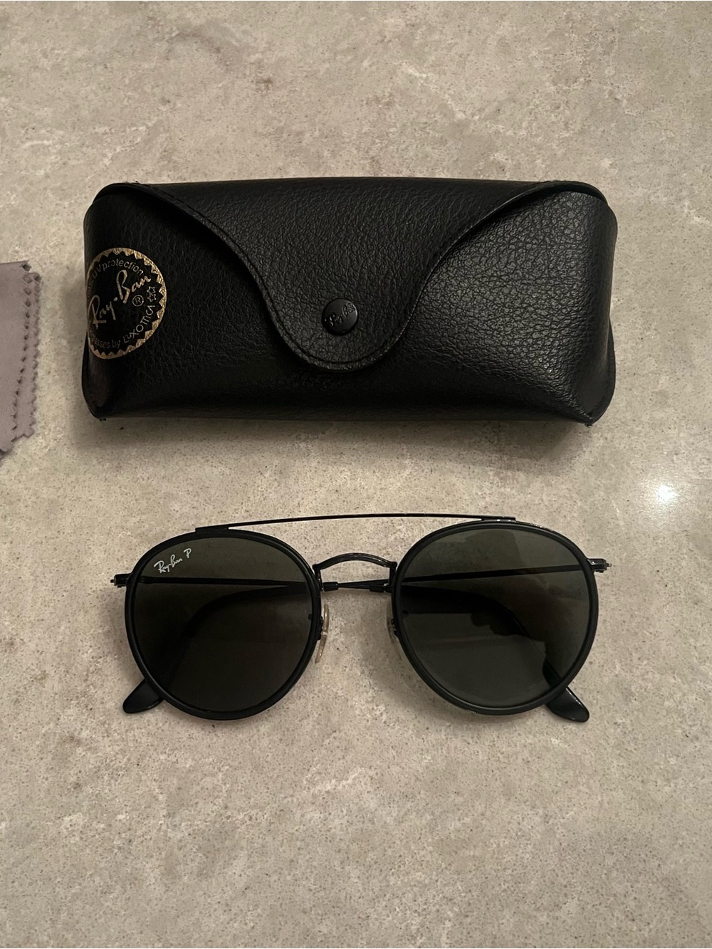 Ray-Ban Round Black Double Bridge Polarized Sunglasses with Black Lens